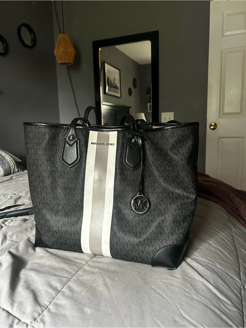 Michael Kors Black Tote with White Center Stripe